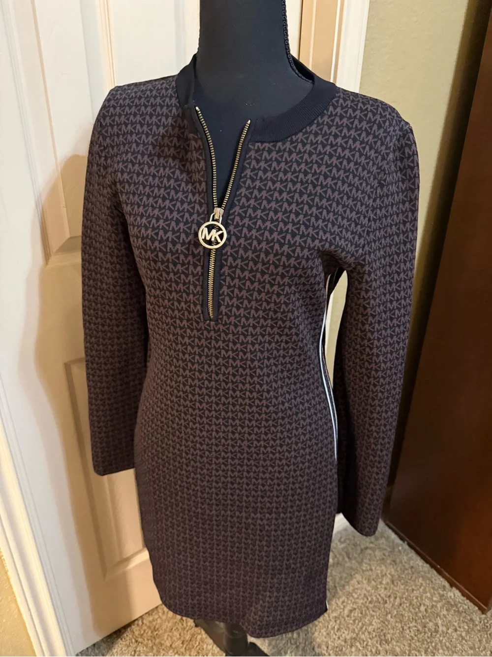 Michael Kors Brown and Black MK-Print Zip-Front Long-Sleeve Dress